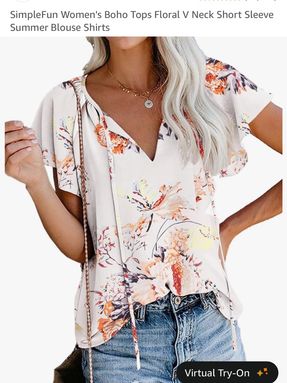Floral V-Neck Short Sleeve Blouse - Cream/Peach